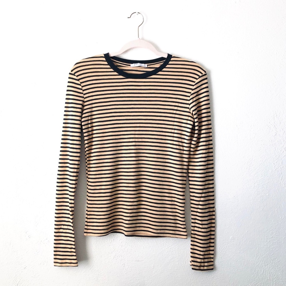 zara tan and black striped long sleeve tee size sm